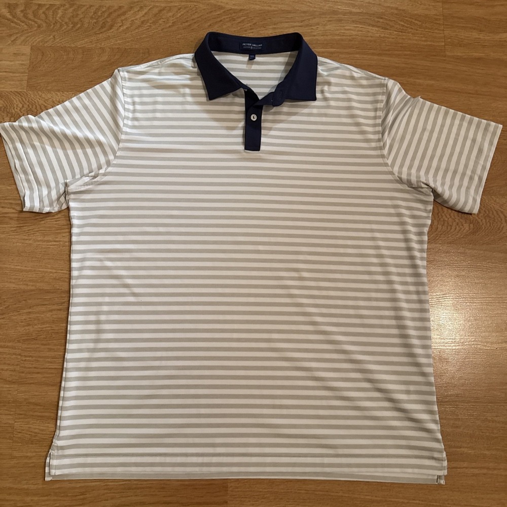 Peter Millar Performance Crown Craft Golf Polo Shirt Mens XXL White/Beige Stripe